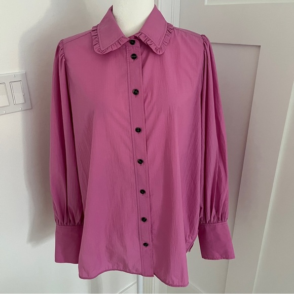 NWOT GANNI Cotton Puff Sleeve Shirt Size 40 (8/10) Pink Button Up Blouse Top*Y24 - Picture 3 of 7